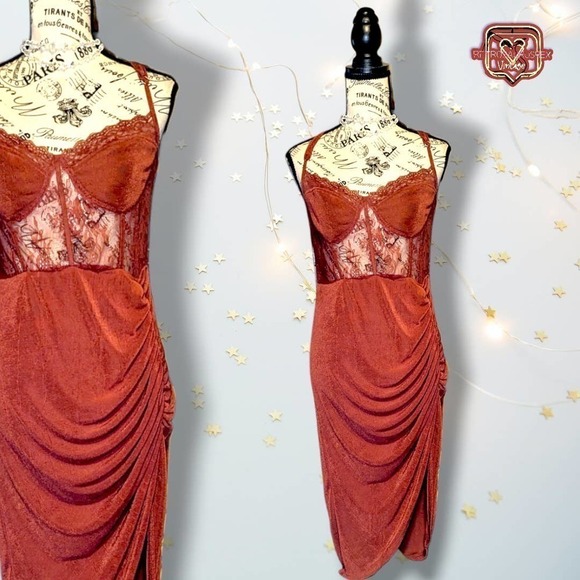 CIDER Pumpkin Spice Lace Ruched Split Cami Midi Sexy Stretch Dress, Large - Picture 1 of 12